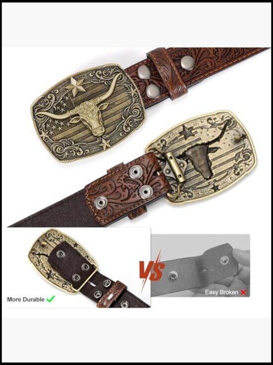 Western Cowboy Leather Belt Bull Buckle Classic Rodeo Style Wide Fit